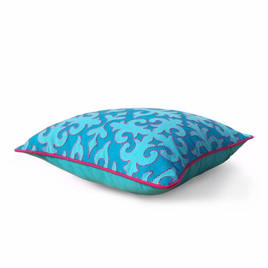 Turquoise Shyrdak Cushion Cover with Pink Piping 100% Cotton