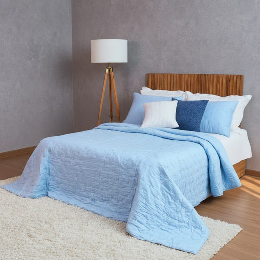Sky Blue 300TC Fine Cotton Quilted Bed Set – Diamond Pattern Tuck Quilting