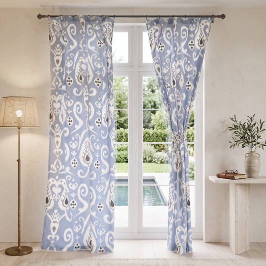 Blue Ikat Sheer Curtain Panel | Block Print Cotton Voile | 2 Sizes | 4 Hanging Styles