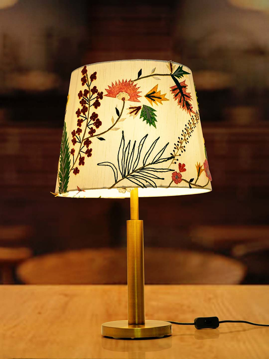 Transitional Brushed Brass Metal Table Lamp: Botanical Embroidered White Fabric Shade