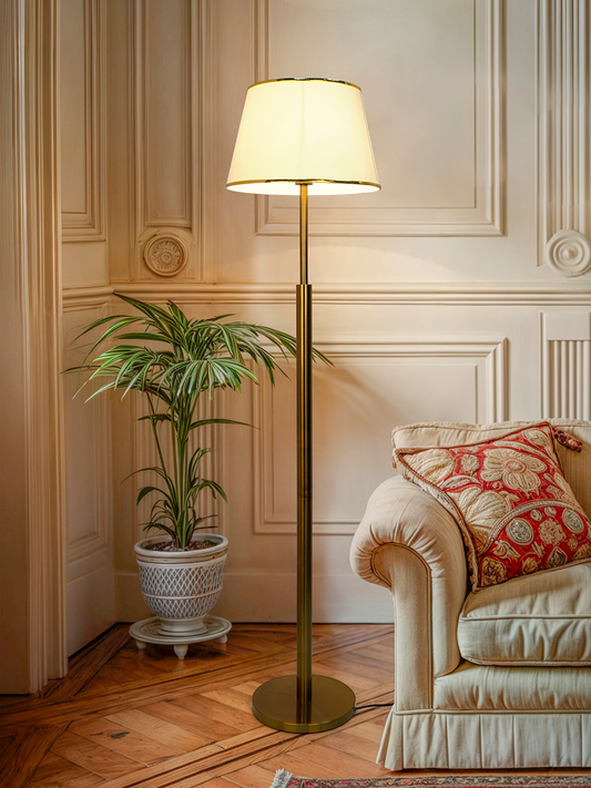 Elegant Antique Brass Double Pipe Floor Lamp with Cream Tapered Fabric Shade