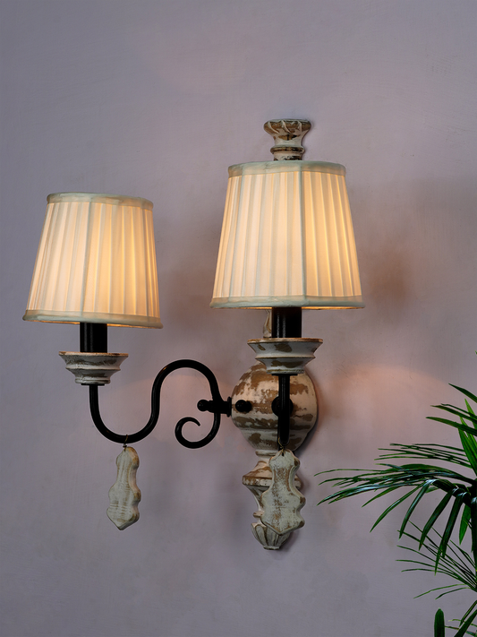 Elegant French White Distressed Wooden Rustic Double Candelabra Wall Sconce with Pleated Shades