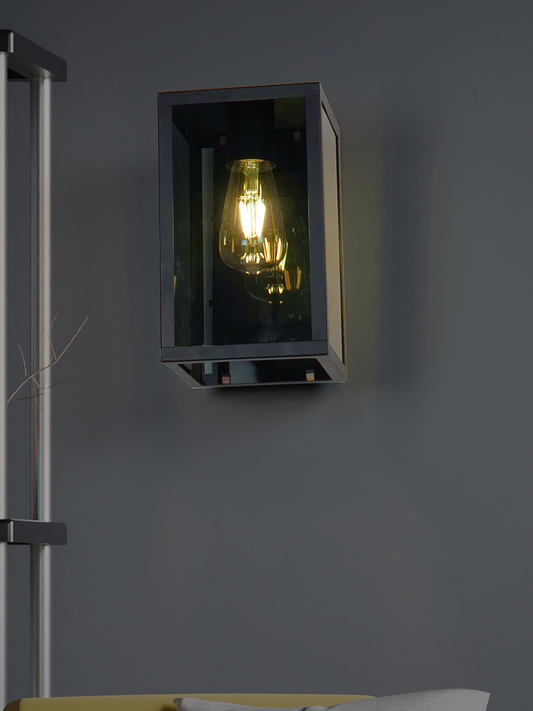 Modern Cuboid Black Steel Glass Wall Light - Indoor Outdoor Sconce Fixture