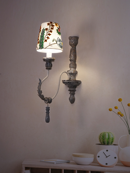 Parisian Distressed Grey Single Light Wooden Wall Sconce with Dainty Embroidered Shades