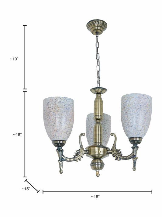 Elegant Antique Brass Steel 3-Light Mini Chandelier with Vibrant Bell Glass Shades