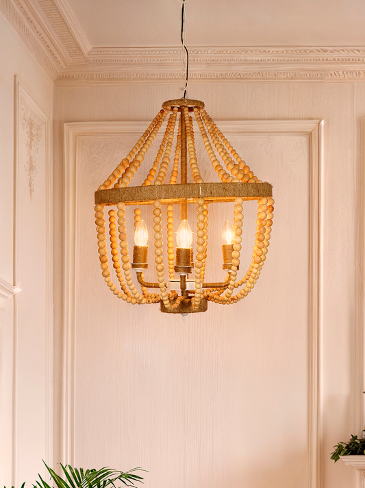 Bohemian Natural Wood Bead Empire Chandelier | Jute Wrapped 4-Light Fixture