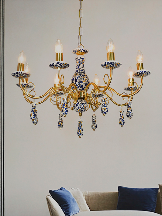 Handcrafted Blue Pottery Floral Brass 8-Light Candelabra Chandelier for Dining