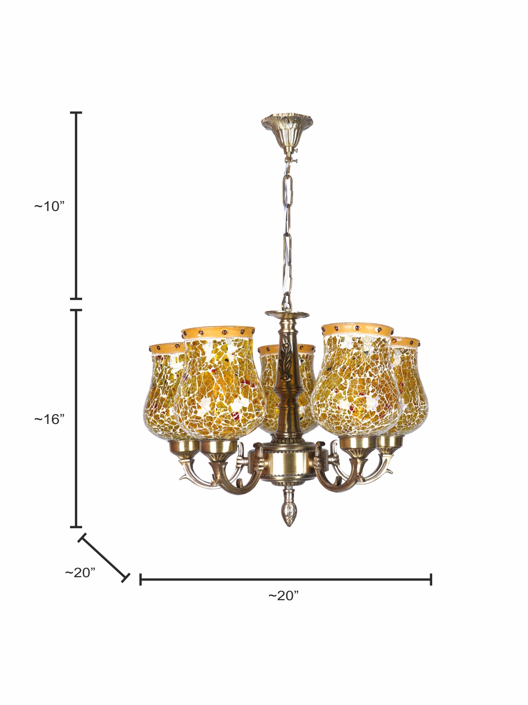 Antique Brass Small 5 Light Chandelier with Yellow Mosaic Glass dimensions