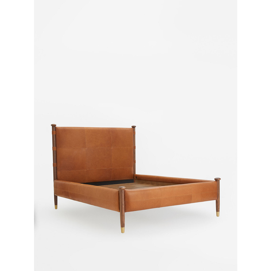 Paolo King Size Leather Acacia Wood Bed with Brass Caps