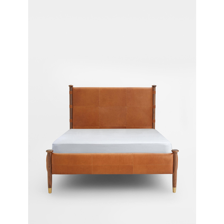 Paolo King Size Leather Acacia Wood Bed with Brass Caps