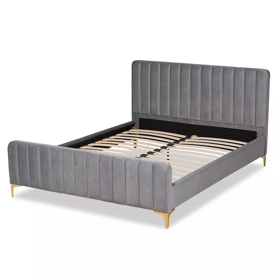 Luxurious Nami Velvet Platform Bed with Gold Legs