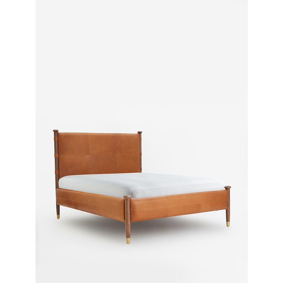 Paolo King Size Leather Acacia Wood Bed with Brass Caps