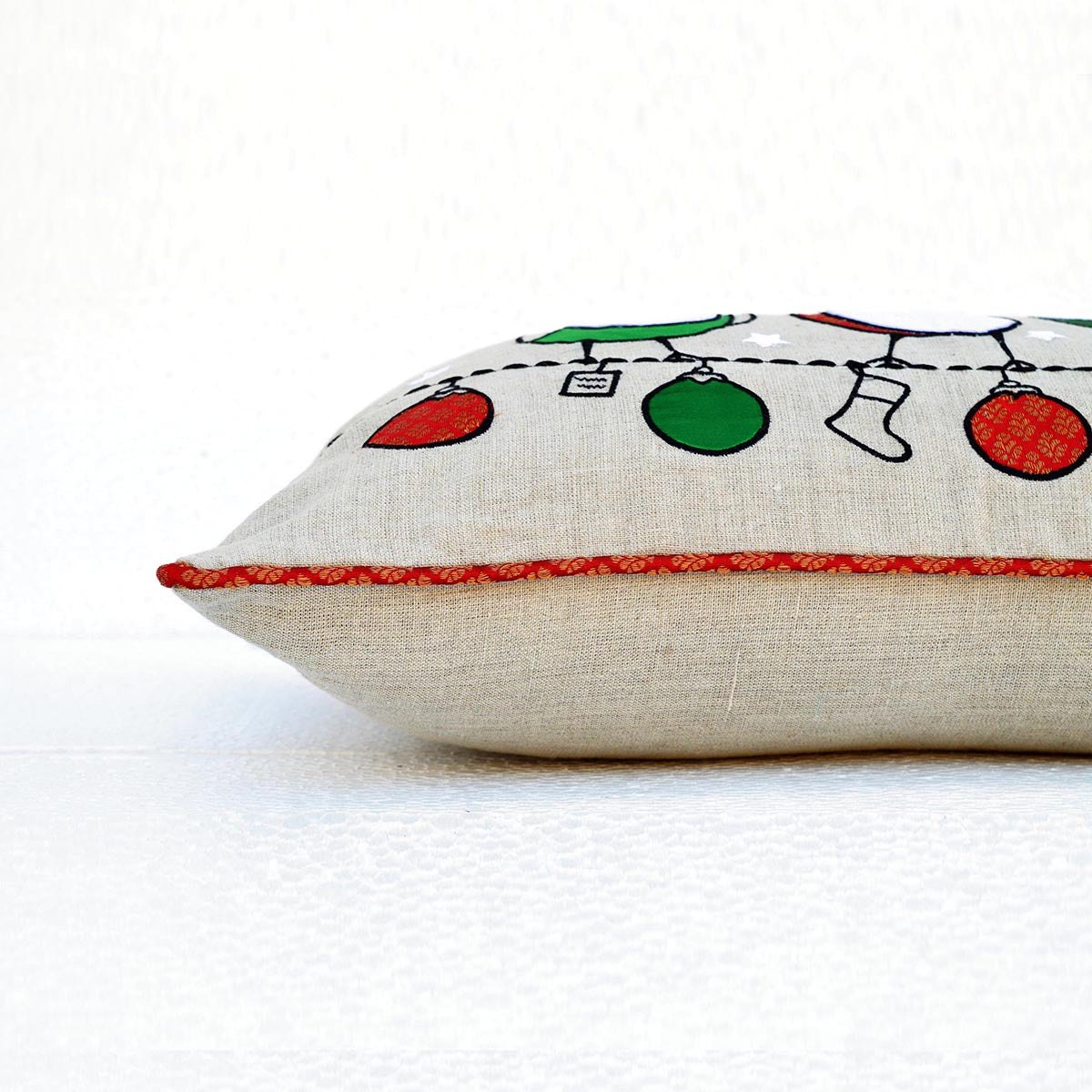 Festive Indian Brocade Linen Pillow Cover with Birds & Ornaments