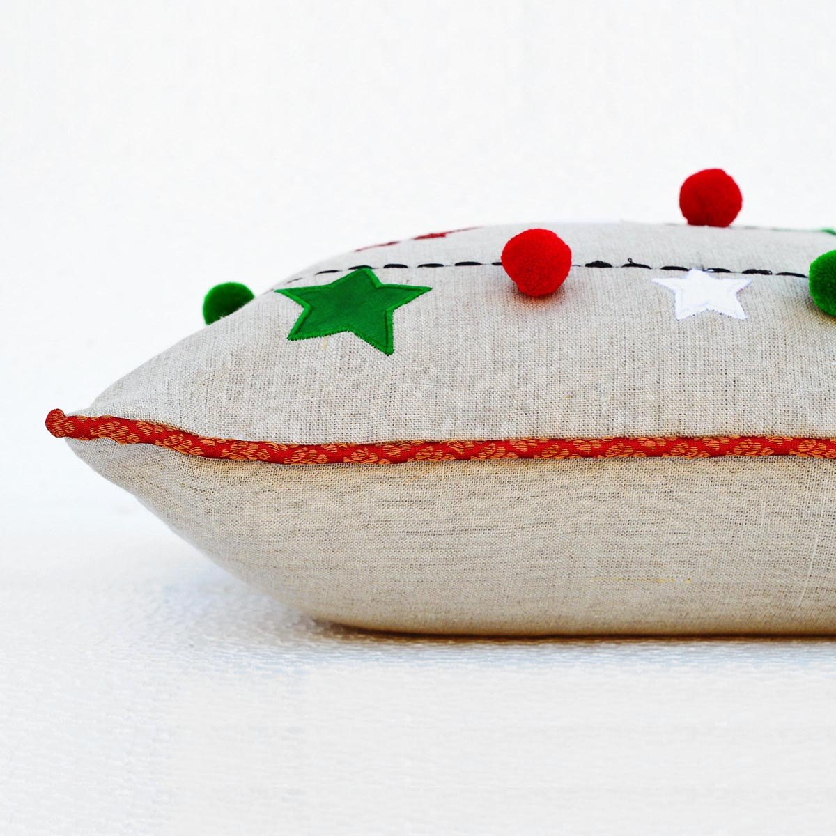 Festive Indian Brocade Linen Pillow Cover with Embroidered Pompoms