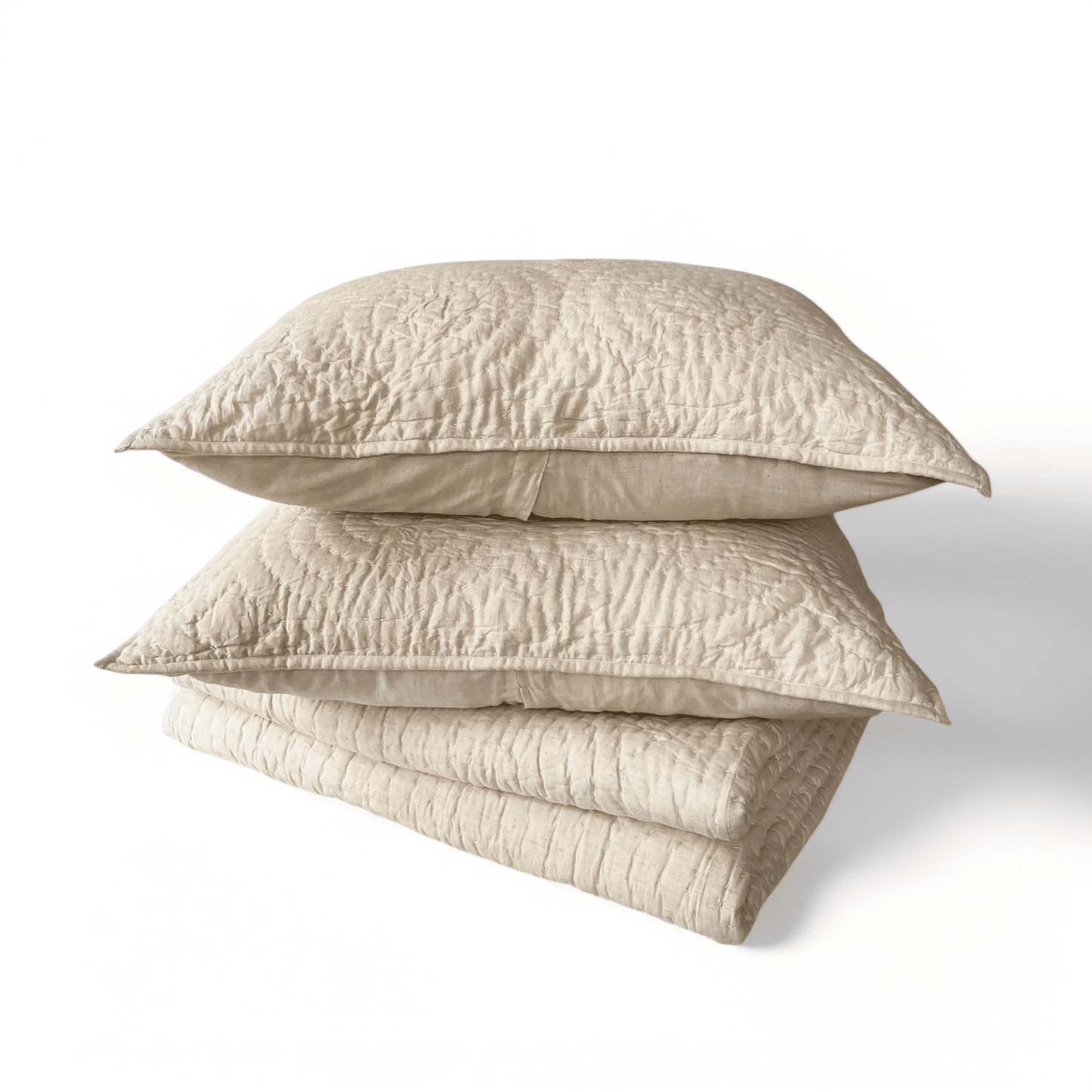 Beige Cotton Linen Quilted Pillow Sham with Circle Pattern