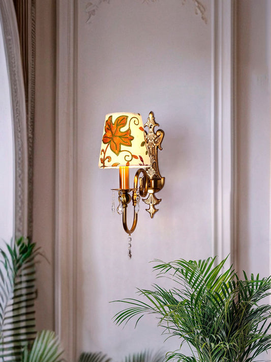 Luxurious Victoria Antique Brass Wall Sconce, Hand-Embroidered Kashida Velvet Shade