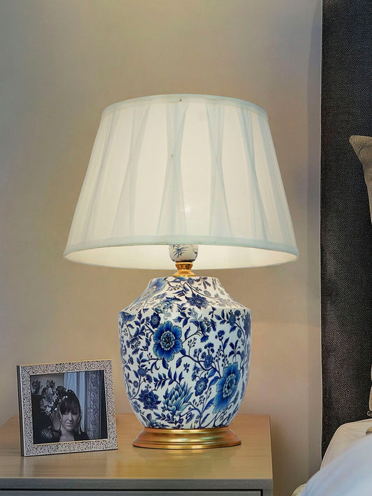 Elegant Chinoiserie Blue Pottery Table Lamp with Ivory Pleated Shade