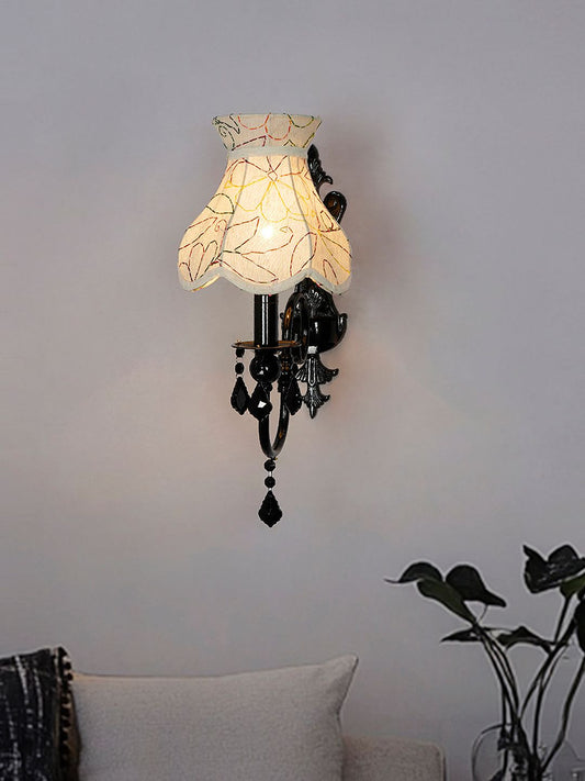 Elegant Black Wall Sconce with Green Embroidered Scalloped Shade & Sparkling Crystals