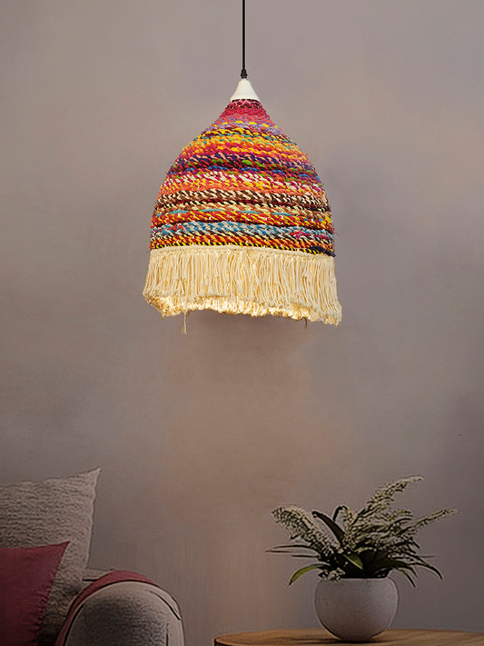 Bohemian Multicolored Repurposed Fabric Macrame Dome Pendant Lamp for Eclectic Decor
