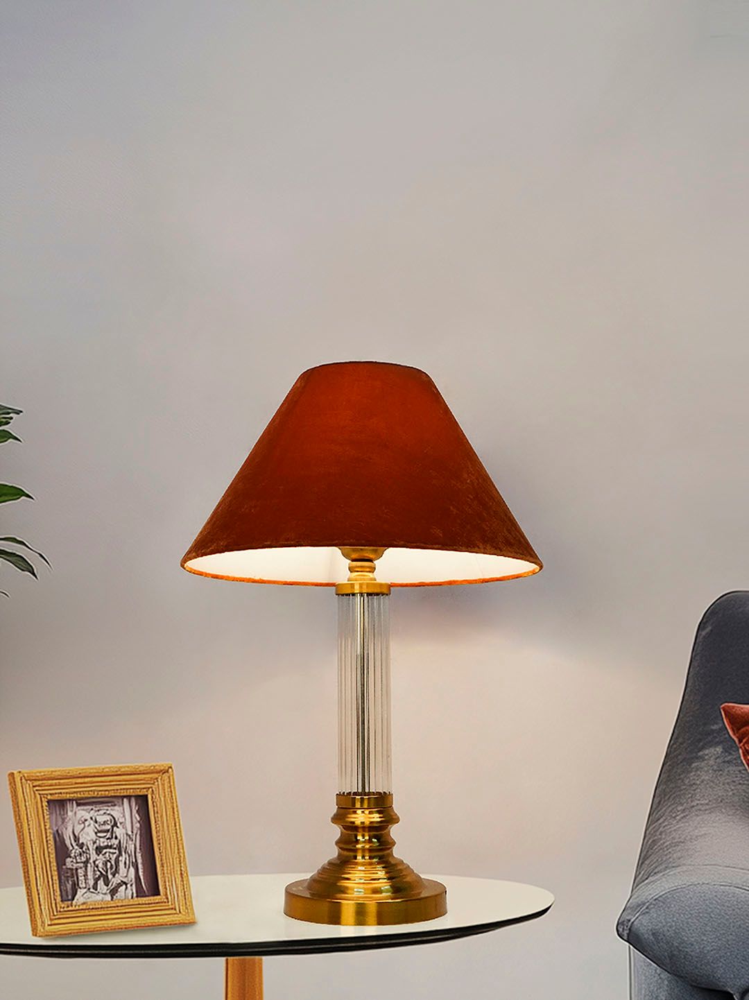 Modern Elegant Orange Velvet Fluted Glass Table Lamp with Brass Antique Finish