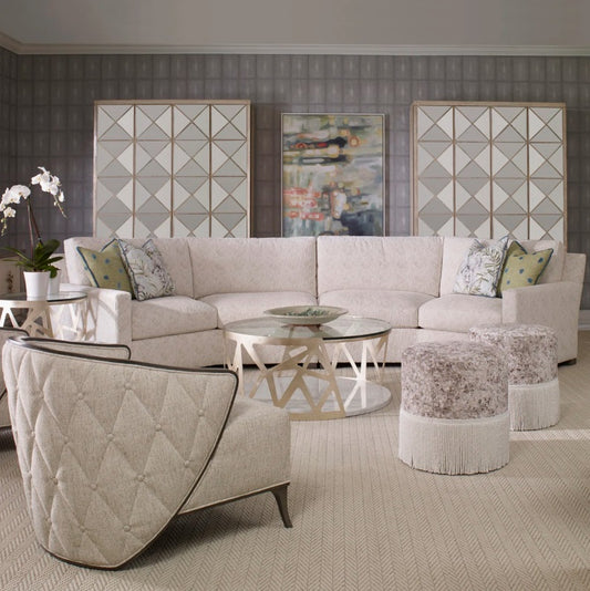 Bella Armchair: Graceful Lounge Chair with Curving Arms, Tufted Upholstery, Wood Trim