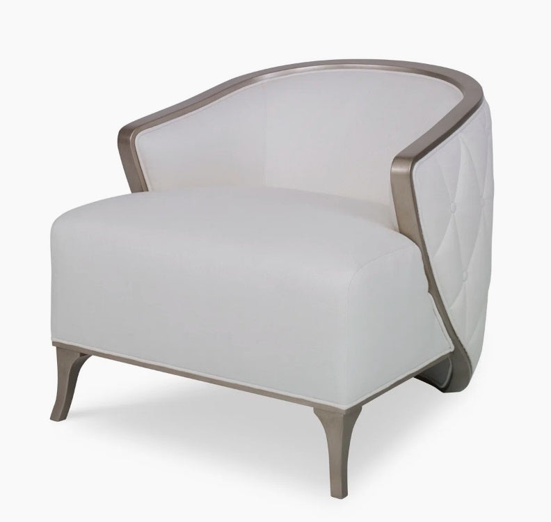 Bella Armchair: Graceful Lounge Chair with Curving Arms, Tufted Upholstery, Wood Trim