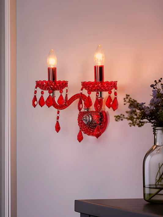 Luxurious Red Glass 2-Light Wall Sconce, S-Shaped Candelabra & Pendeloque Crystals
