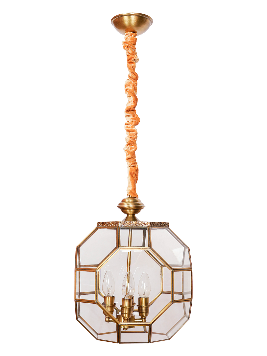 Elegant Octagonal Glass Antique Brass 4-Light Pendant Ceiling Lamp Fixture