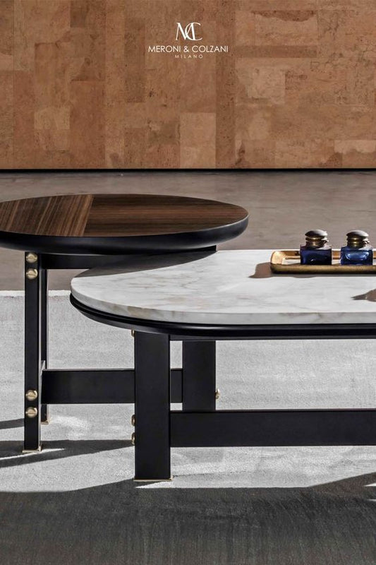 Porsche Modern Industrial Coffee Table: Elegant Metal Base, Wood & Marble Top