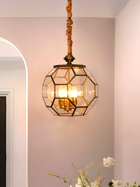 Elegant Octagonal Glass Antique Brass 4-Light Pendant Ceiling Lamp Fixture
