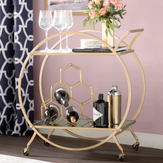 Elegant Gold Mirrored Bar Cart with Wheels & Storage for Home Entertaining
