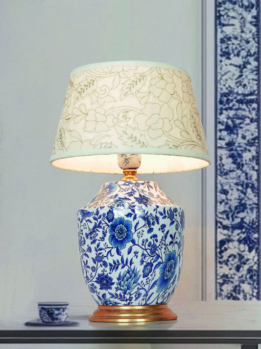 Artisanal Blue Pottery Print Table Lamp with Pastel Green Embroidered Shade