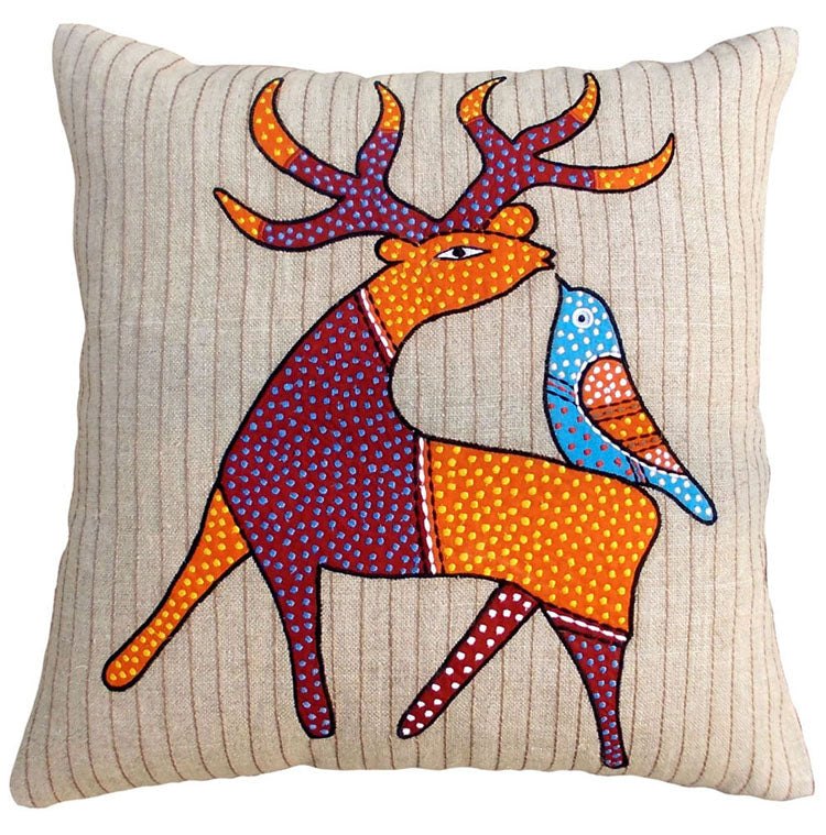 Handcrafted Deer Motif Linen Pillow Cover – Boho Chic