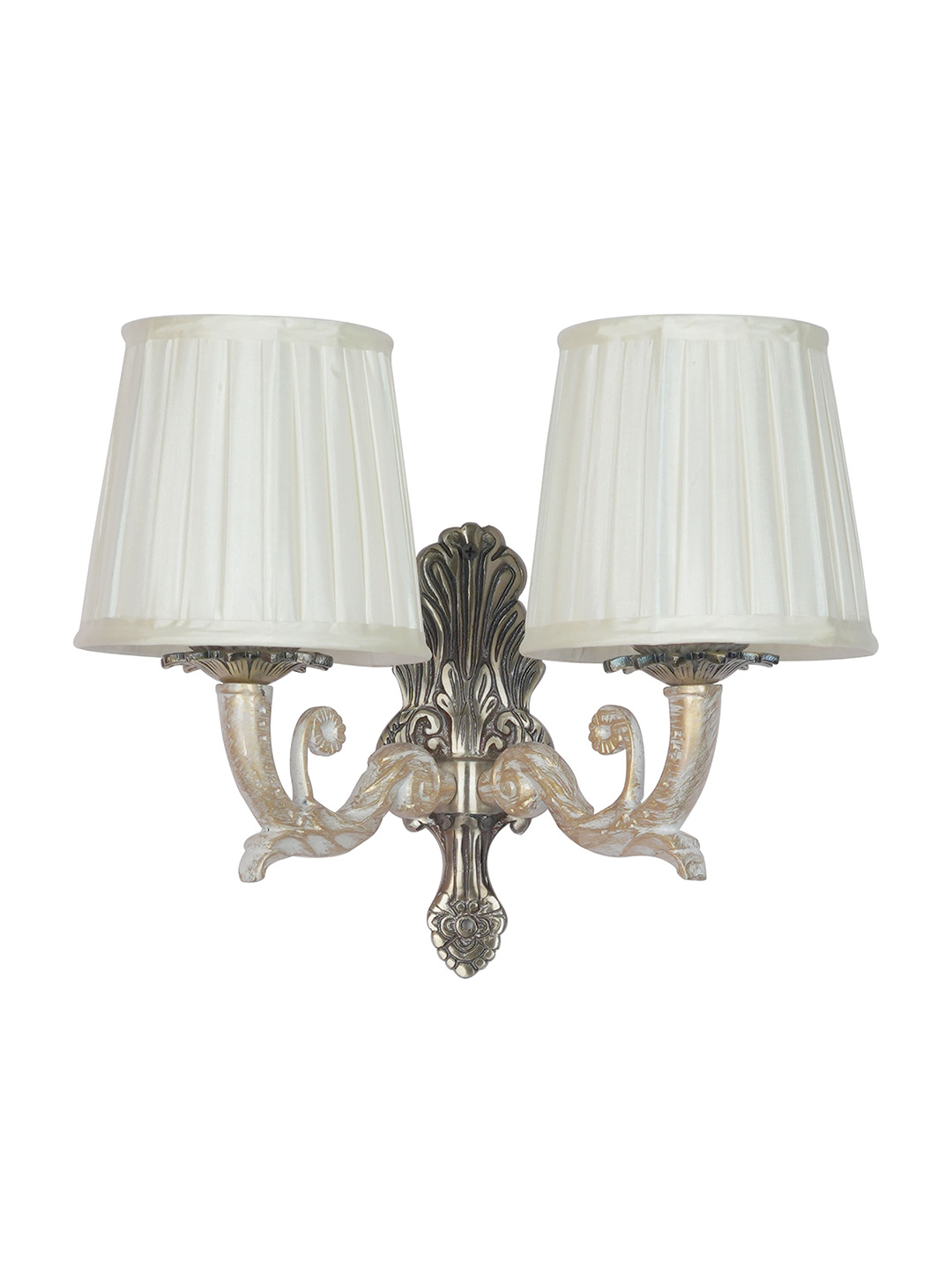 Opulent Golden White Double Wall Sconce with Pleated Ivory Fabric Shade