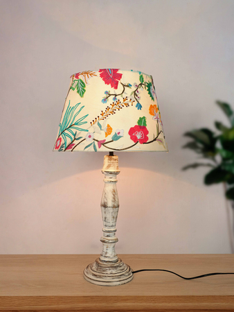 French Farmhouse Distressed White Wooden Table Lamp with Embroidered White Tapered Fabric Shade