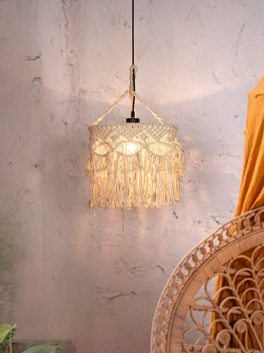 Bohemian Natural White Macrame Drum Pendant Light with Decorative Fringe