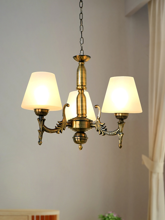 Antique Brass 3-Light Steel Chandelier with Frosted Tapered Glass Shades