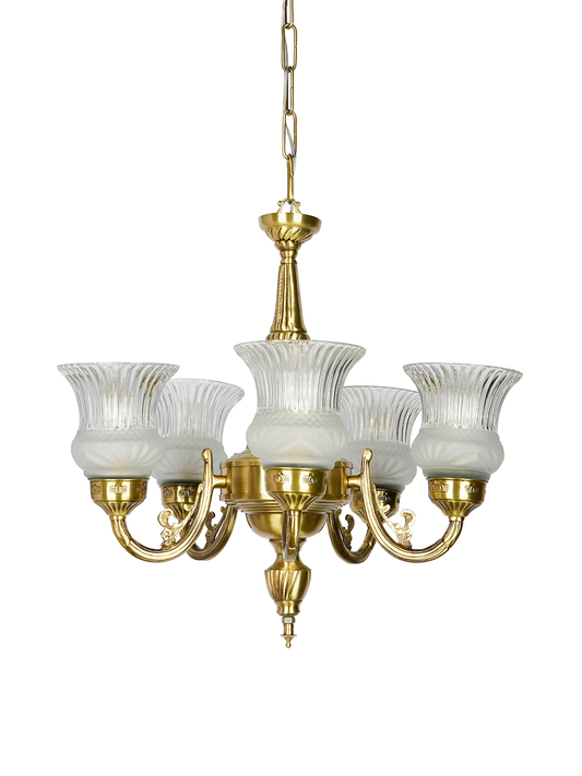 Usha 5 Light Antique Brass Chandelier with Frosted Glass Shades, Traditional Design