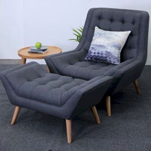 Modern Annecy Grey Wool Upholstered Lounge Chair and Ottoman Set with Wooden Legs
