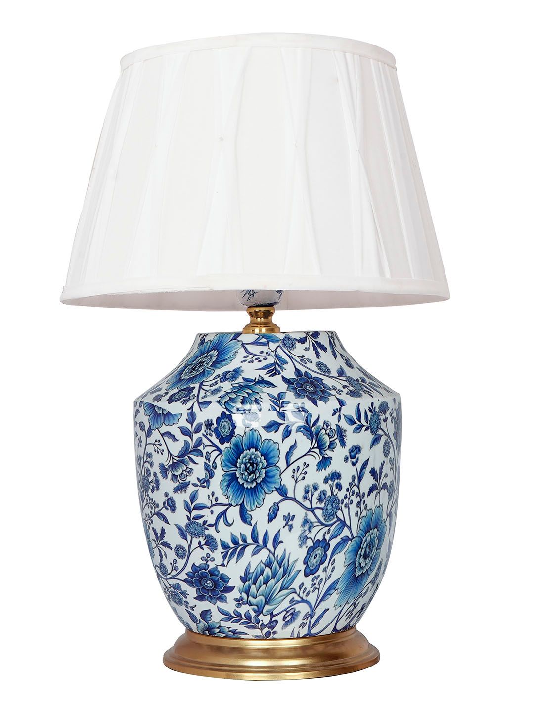 Elegant Chinoiserie Blue Pottery Table Lamp with Ivory Pleated Shade