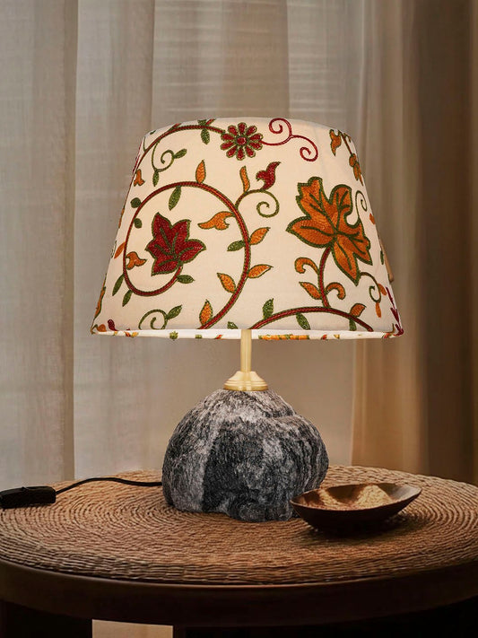 Exquisite Raw Black Marble Table Lamp with Intricate Kashmiri Embroidered Velvet Shade