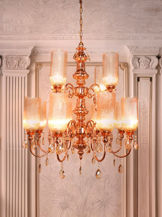 Grand Polished Copper Chandelier: Fluted Luster Glass, Honey Crystals
