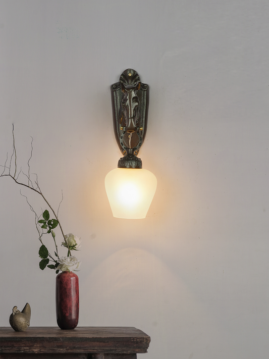 Regal Stallion Medieval Brown Cast Aluminium Wall Light with Frosted Goblet Shade