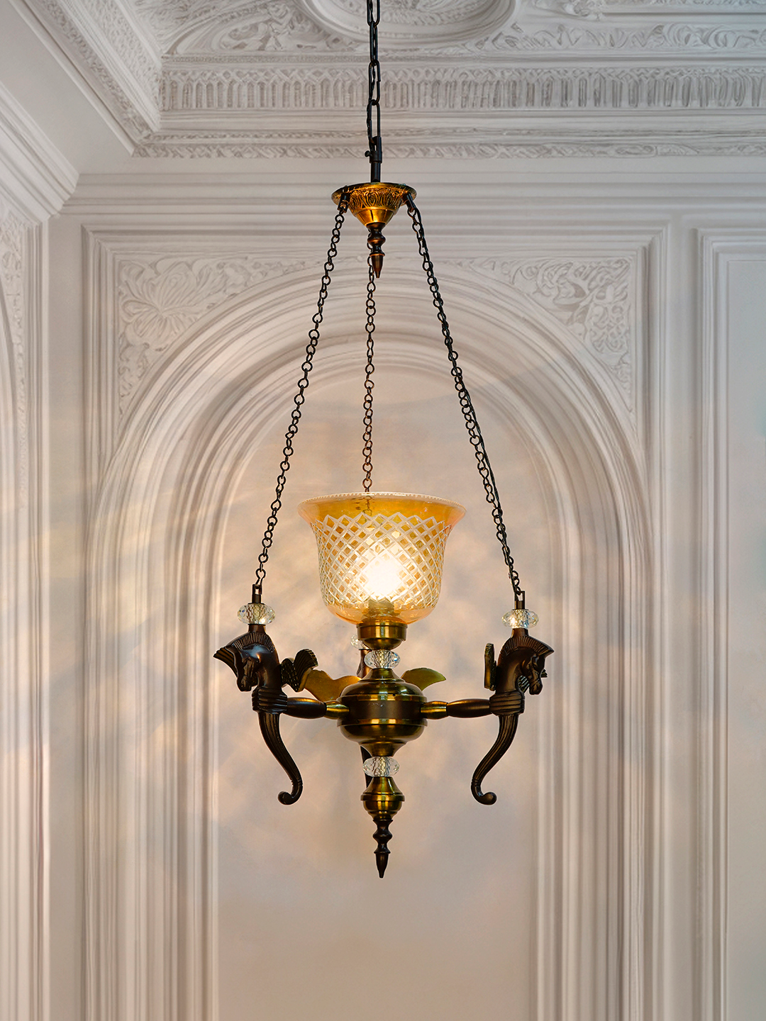 Elegant Vintage Pegasus Pendant Chandelier with Golden Luster CutGlass Shade, Crystal Accents