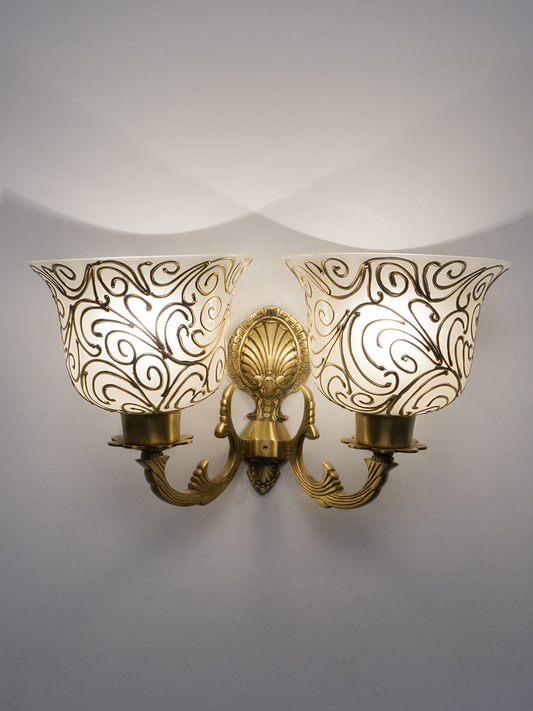 Elegant Antique Brass Twin Wall Sconce Light with Frosted Jaipuri Glass Shades