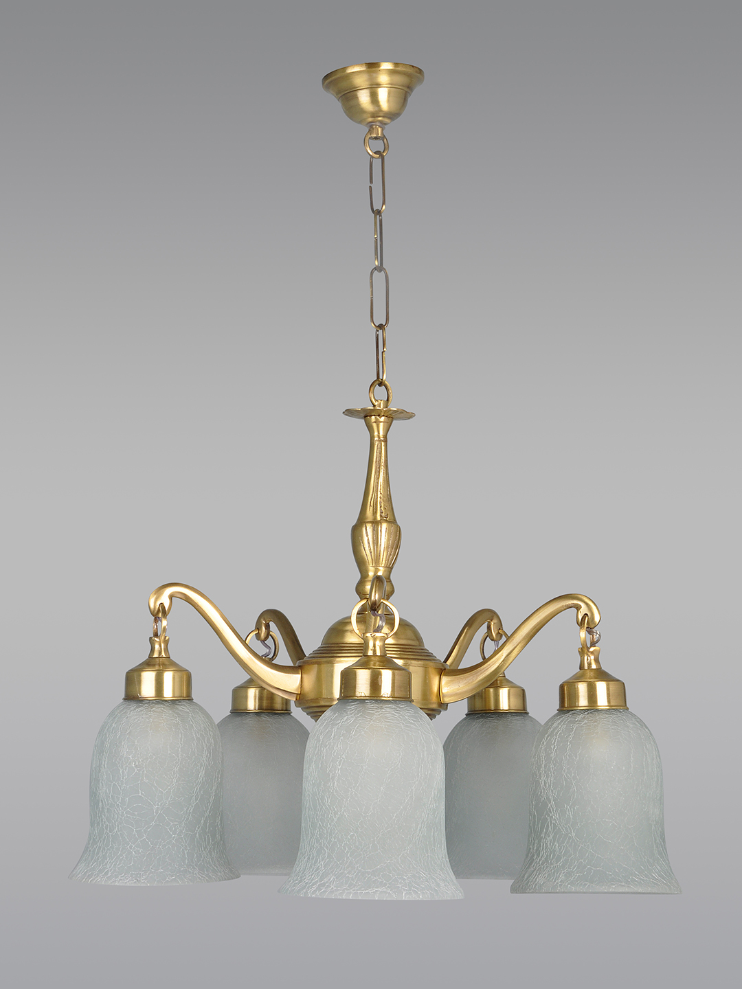 Opulent Classic 5-Light Brass Chandelier with Frosted Crackle Glass Shades, Antique Finish