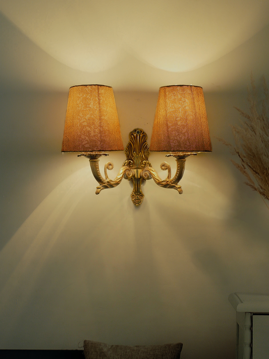 Regal Golden White Double Wall Sconce, Brocade Fabric Shades, Classic Style