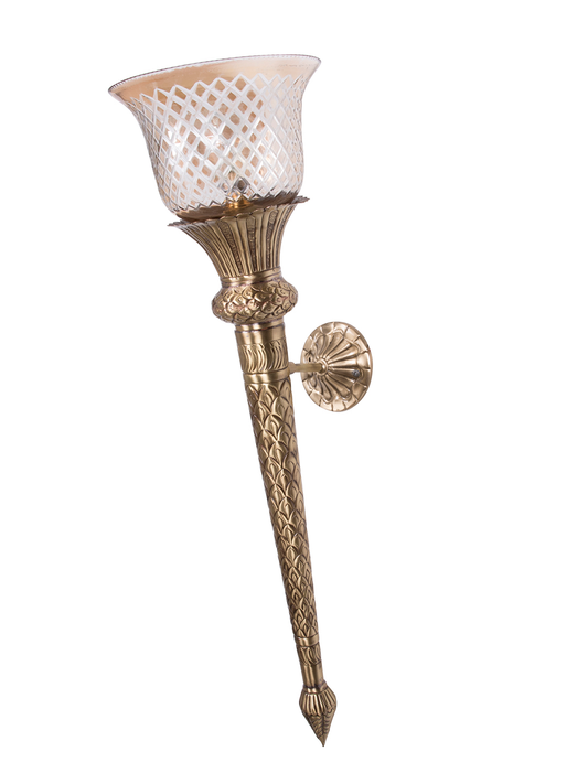Regal Hand-Carved Brass Conical Mashal Torchiere Wall Sconce with Cut Glass