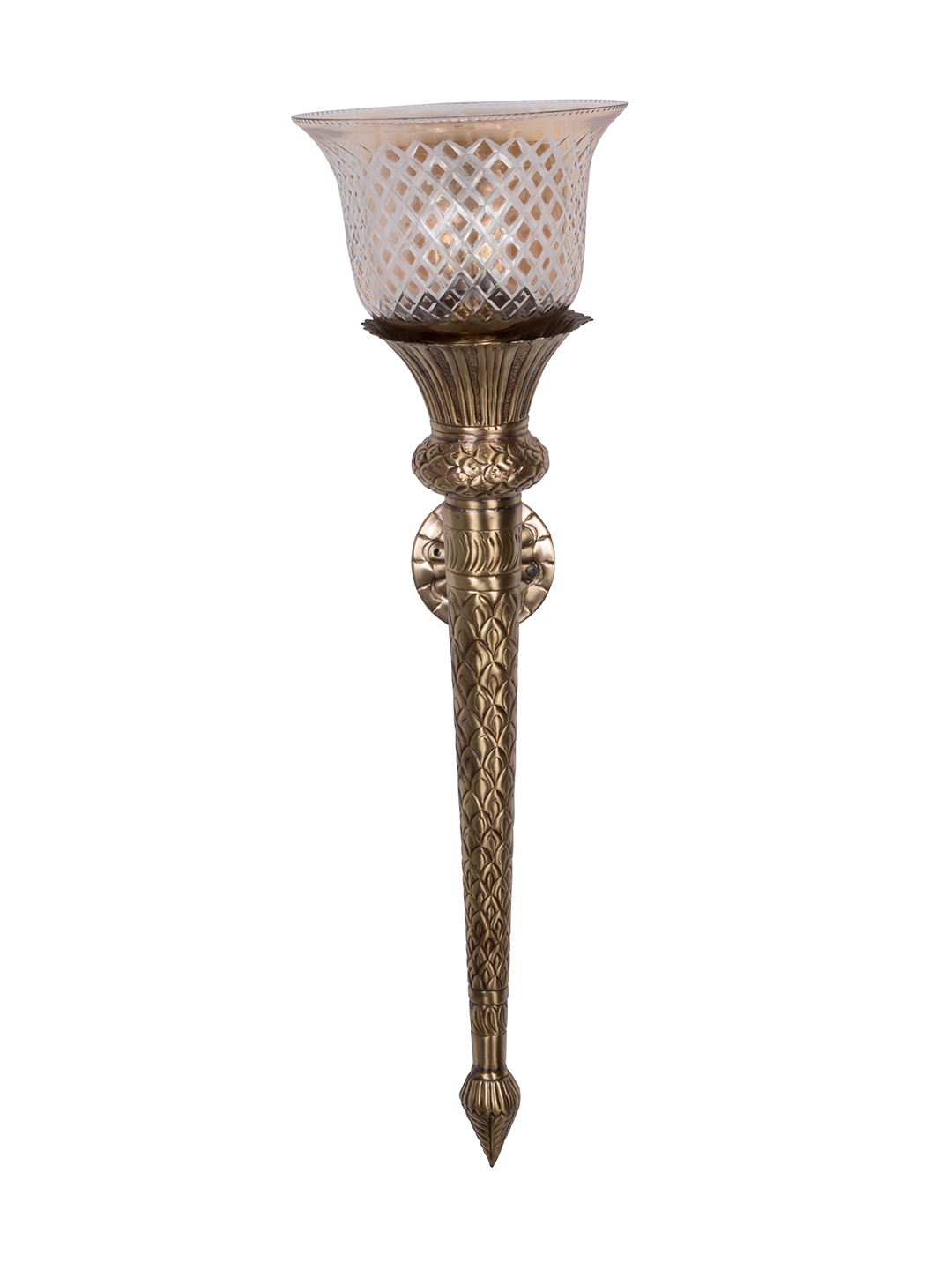 Regal Hand-Carved Brass Conical Mashal Torchiere Wall Sconce with Cut Glass