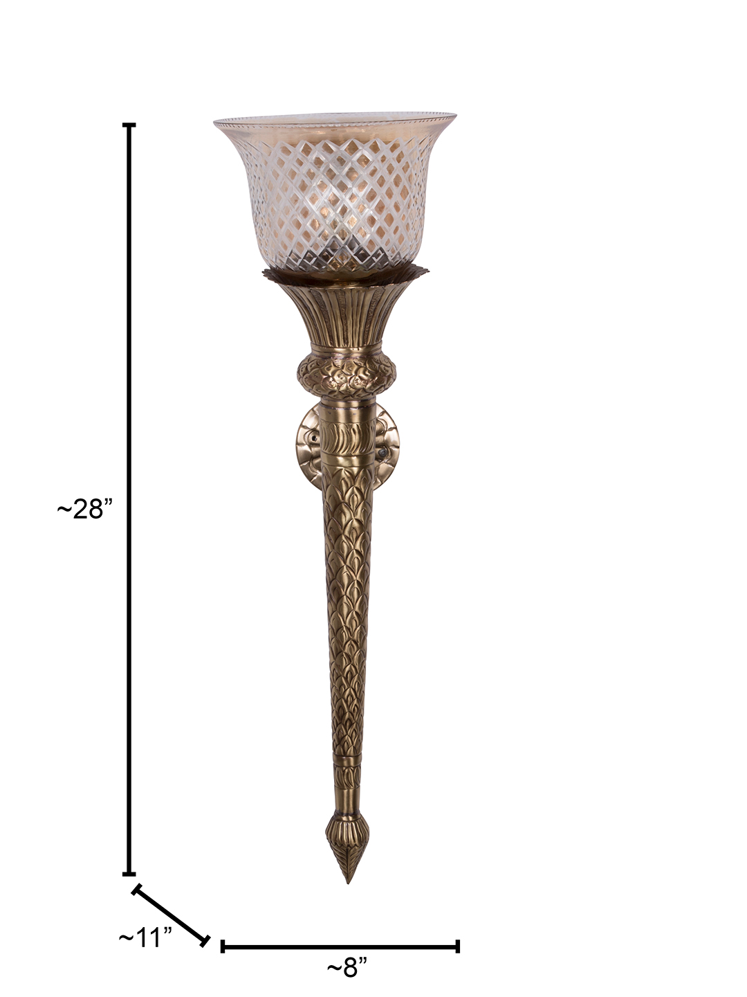 Regal Hand-Carved Brass Conical Mashal Torchiere Wall Sconce with Cut Glass